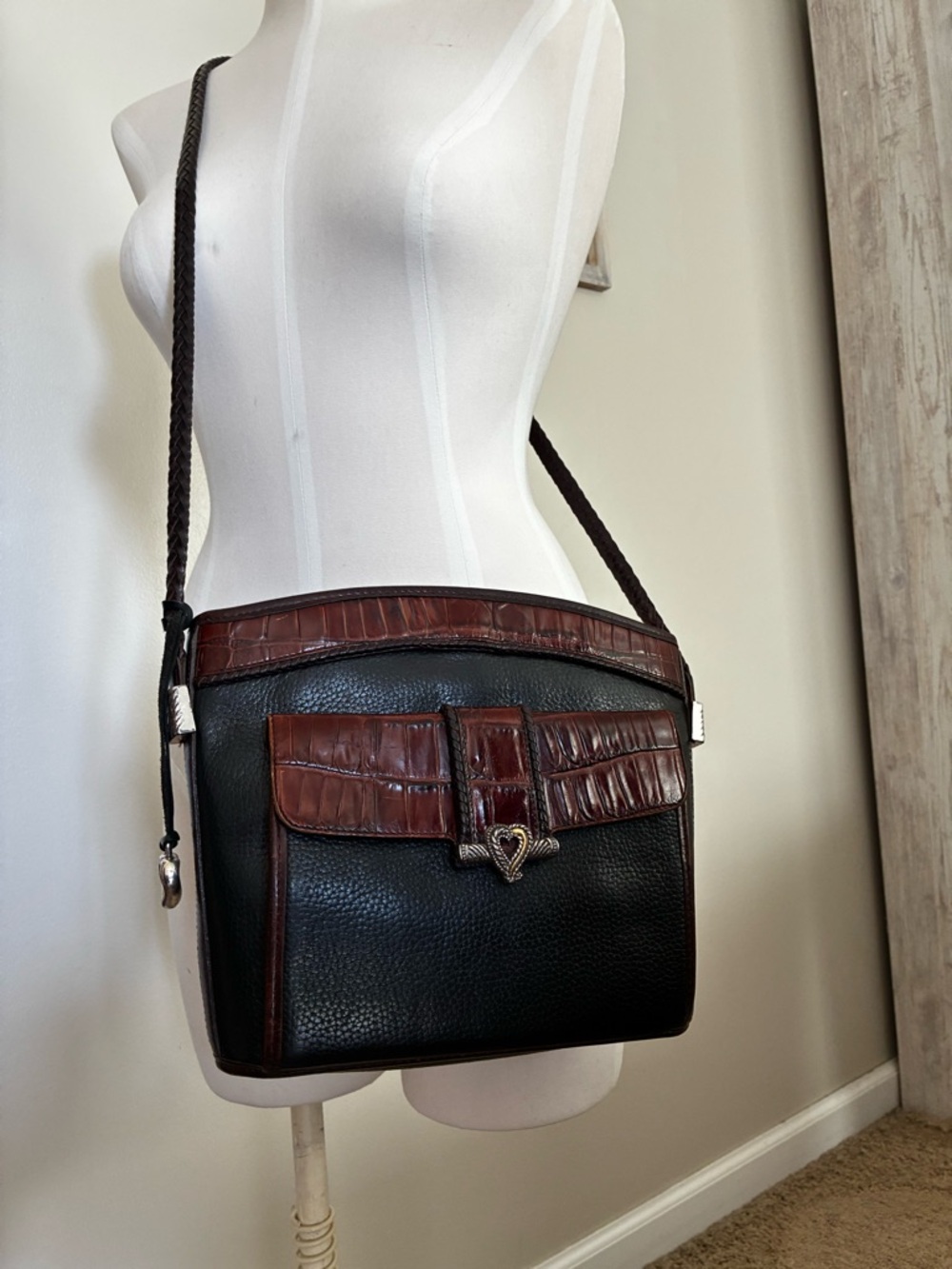Vintage Brighton Black Shoulder Bag with Dark Brown Croc-Trim and Heart Clasp